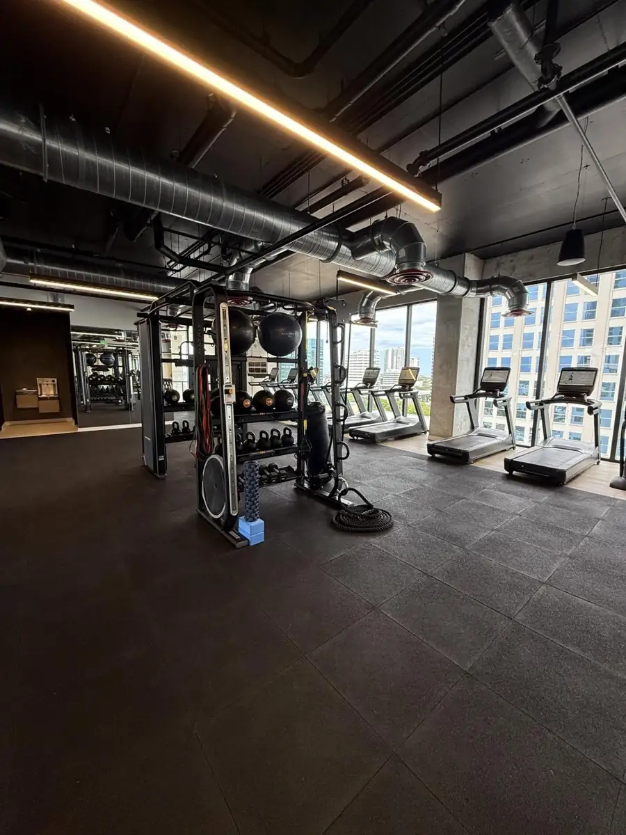 Gym with city views